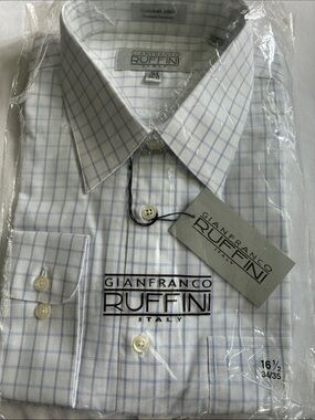 Gianfranco Ruffini Men’s White & Light Blue Checked Dress Shirt